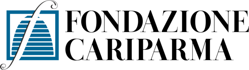 Logo della Fondazione Cariparma con un design elegante e colori blu e bianco.